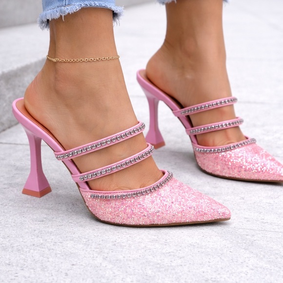 INC International Concepts Shoes - INC International Concepts Gylana Pink Glitter Mule Heels/Rhinestone Straps
